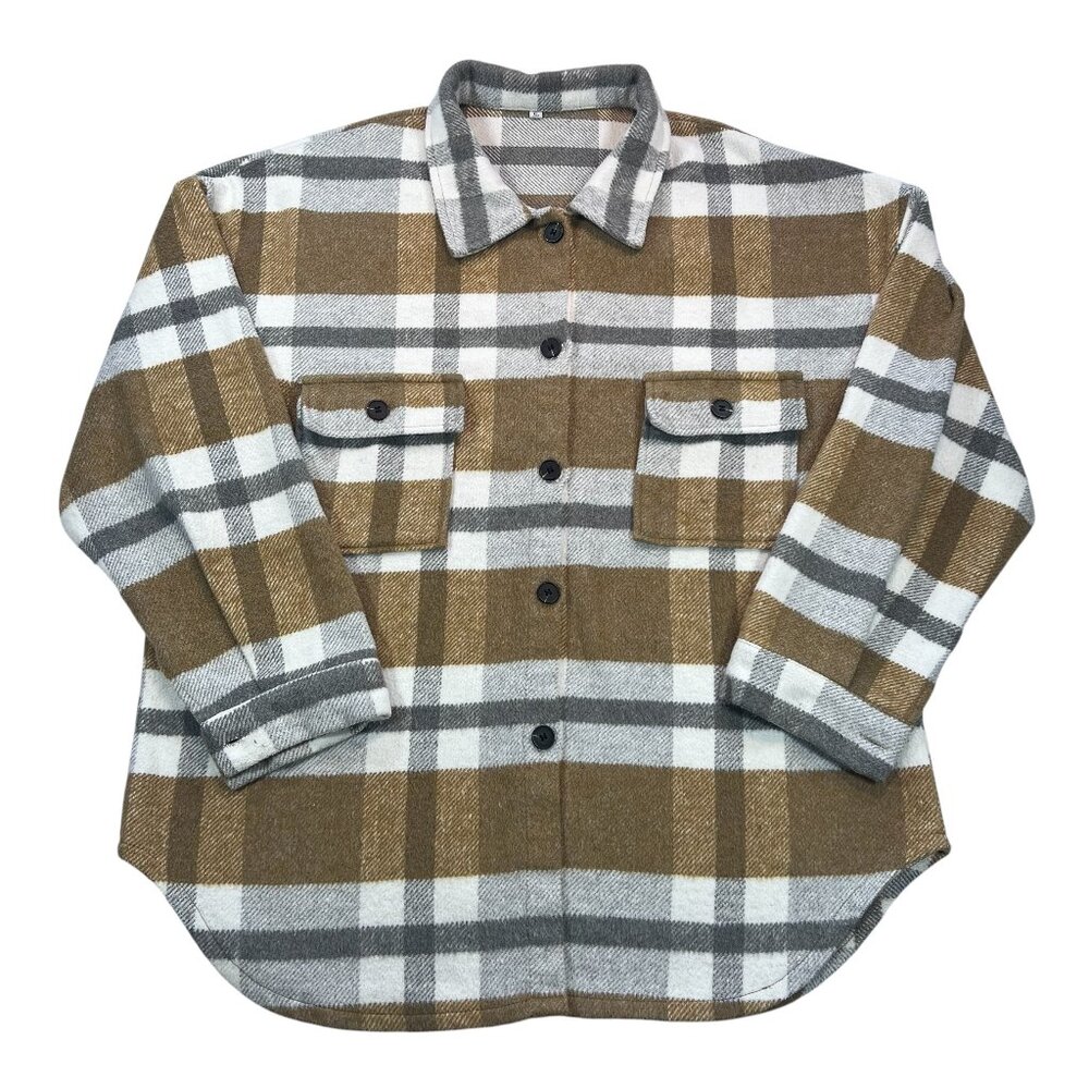 Oversized plaid flannel in warm camel, gray, and white